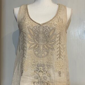 Johnny Was Embroidered Beige Sleeveless Tunic Top